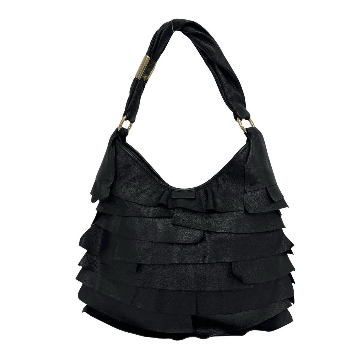 Saint Laurent Tropez Logo Ruffle Leather Semi Bag Black — view 3