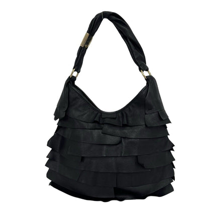 Saint Laurent Tropez Logo Ruffle Leather Semi Bag Black — view 3