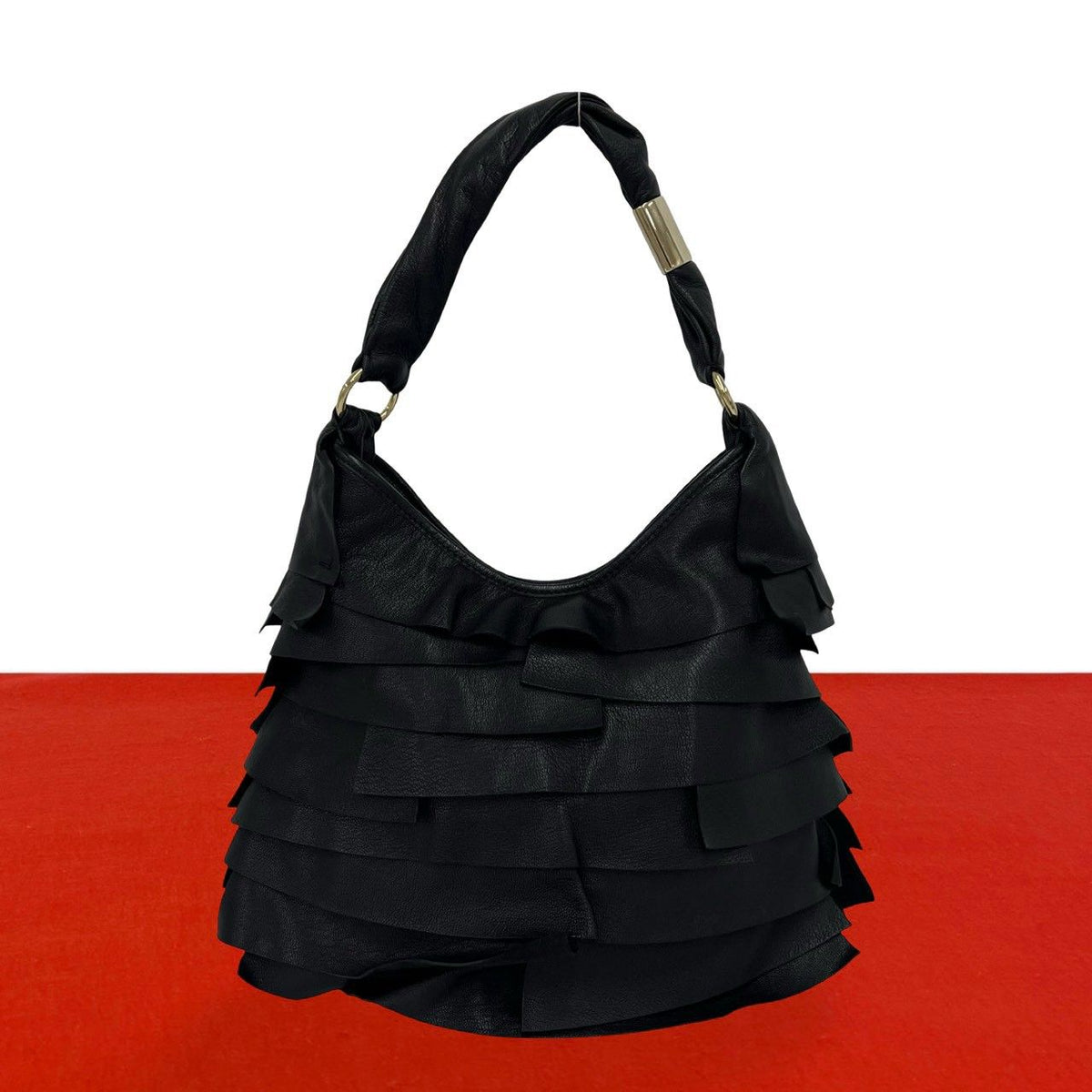 Saint Laurent Tropez Logo Ruffle Leather Semi Bag Black