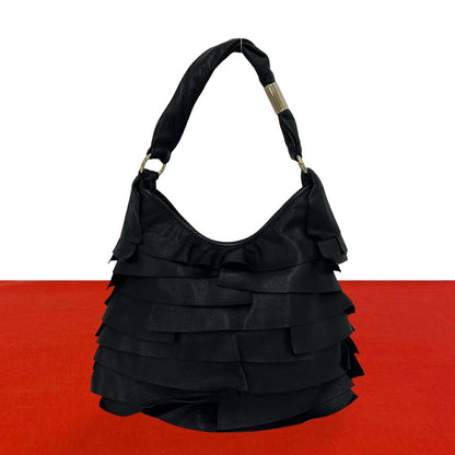 Saint Laurent Tropez Logo Ruffle Leather Semi Bag Black