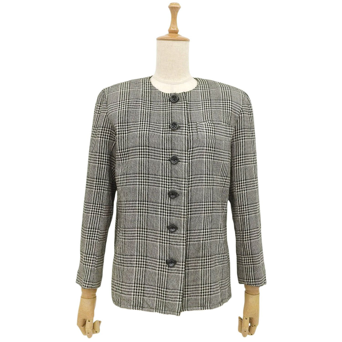 Saint Laurent Vintage Jacket Collarless Houndstooth Plaid Wool Silk Black M — view 2