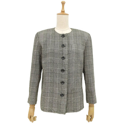 Saint Laurent Vintage Jacket Collarless Houndstooth Plaid Wool Silk Black M — view 2