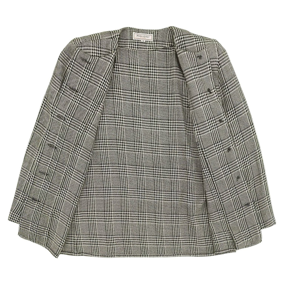Saint Laurent Vintage Jacket Collarless Houndstooth Plaid Wool Silk Black M — view 4