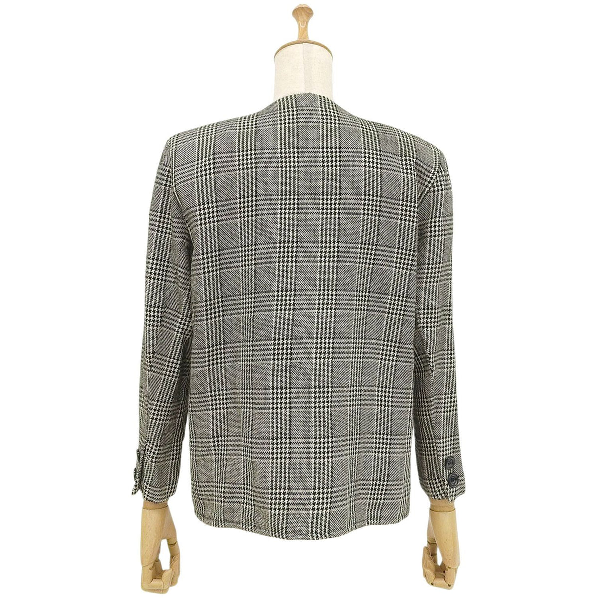 Saint Laurent Vintage Jacket Collarless Houndstooth Plaid Wool Silk Black M — view 3