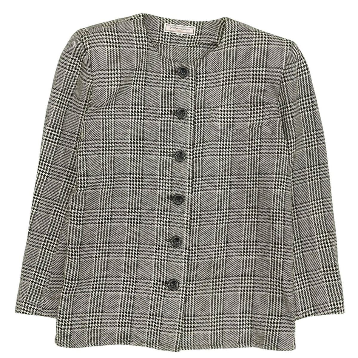 Saint Laurent Vintage Jacket Collarless Houndstooth Plaid Wool Silk Black M