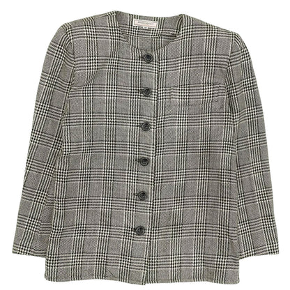 Saint Laurent Vintage Jacket Collarless Houndstooth Plaid Wool Silk Black M