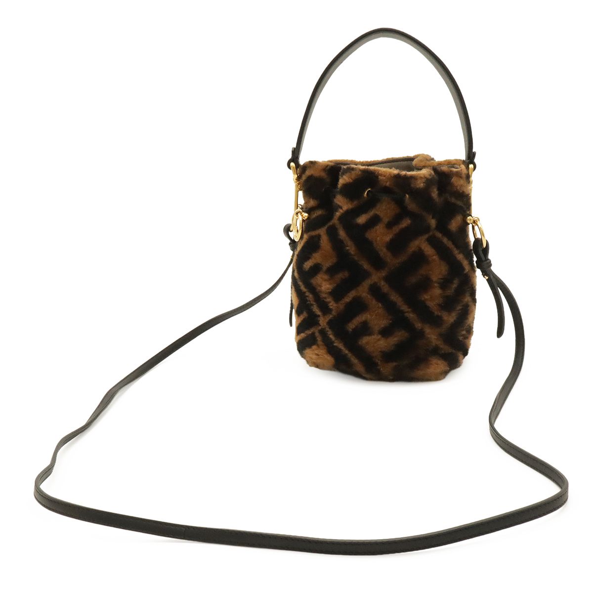 Fendi Zucca Montresor Mini Bucket Bag Drawstring Fur Leather Brown Black — view 2