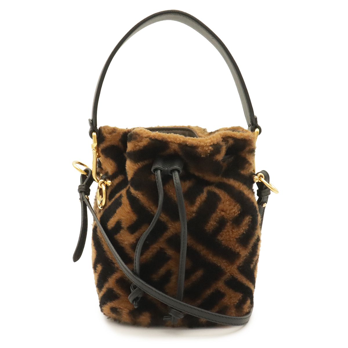 Fendi Zucca Montresor Mini Bucket Bag Drawstring Fur Leather Brown Black