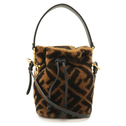Fendi Zucca Montresor Mini Bucket Bag Drawstring Fur Leather Brown Black