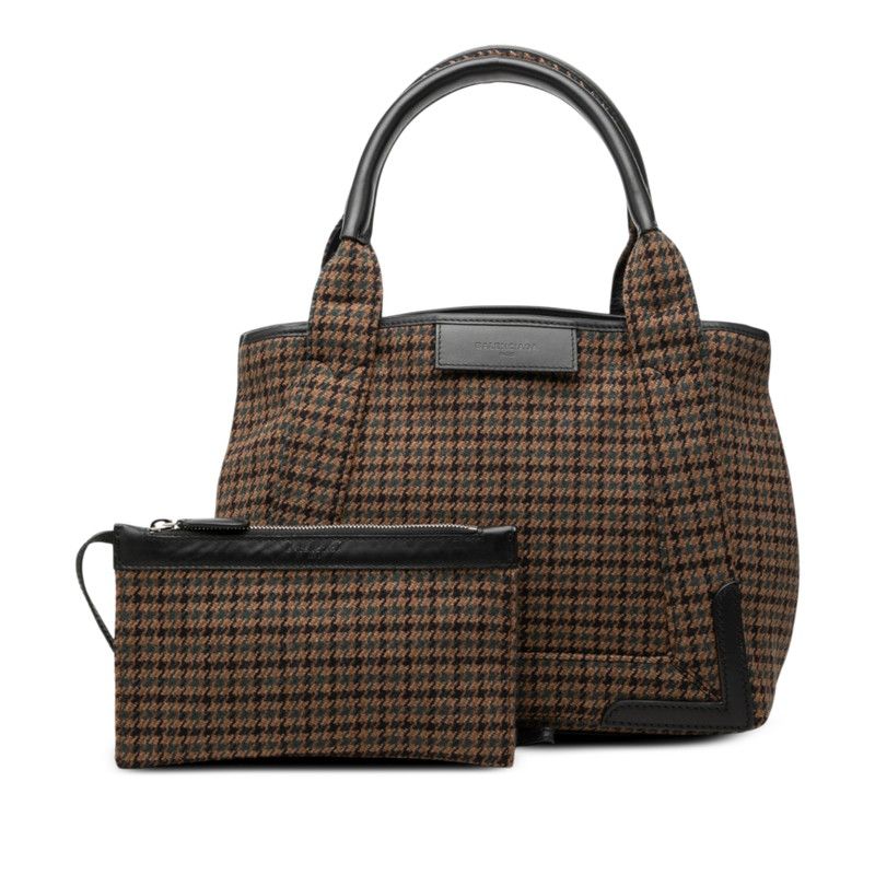 Balenciaga Navy Cabas S Houndstooth Tote Bag Brown Wool Leather — view 7