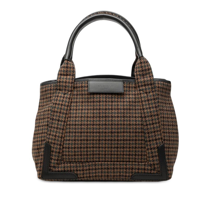 Balenciaga Navy Cabas S Houndstooth Tote Bag Brown Wool Leather