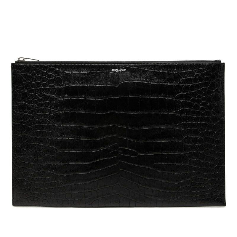 Saint Laurent Croco Embossed Clutch Black Leather