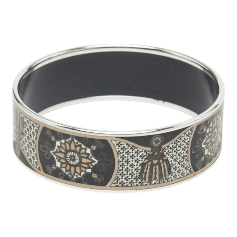 Hermes Enamel GM Cloisonne Bangle Silver Black Metal Bracelet