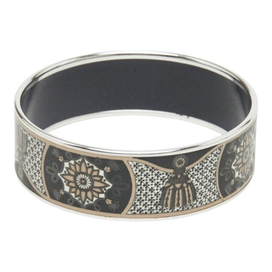 Hermes Enamel GM Cloisonne Bangle Silver Black Metal Bracelet