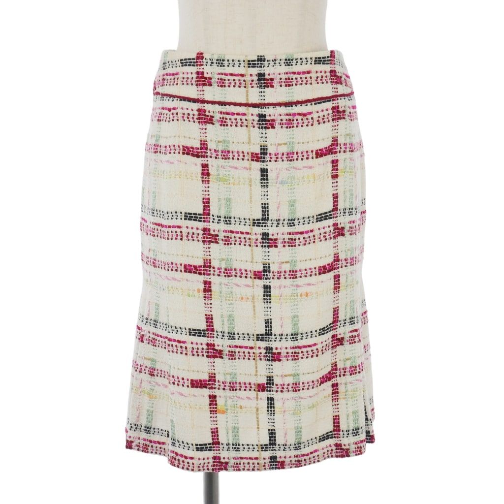 Chanel Skirt Tweed Checkered Mermaid Flare Knee-Length CC Logo White Ivory 36