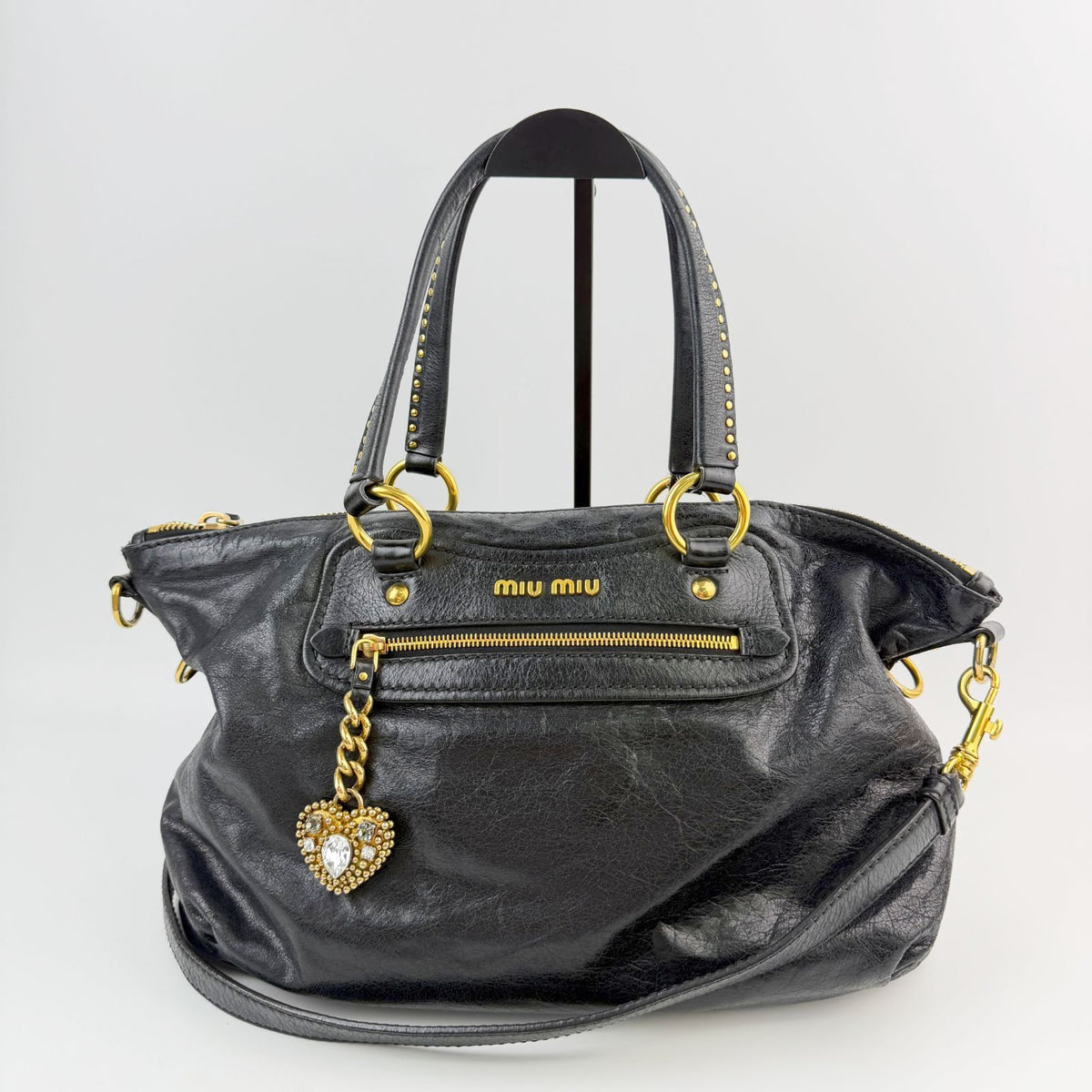 Miu Miu Heart Bijou Charm Studs 2-Way Shoulder Bag Leather Black Gold Vintage — view 3