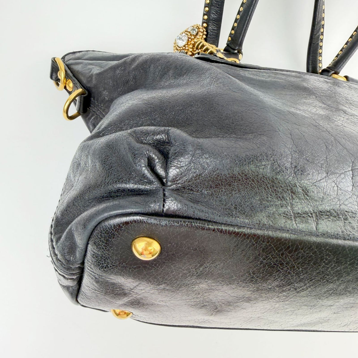 Miu Miu Heart Bijou Charm Studs 2-Way Shoulder Bag Leather Black Gold Vintage — view 8