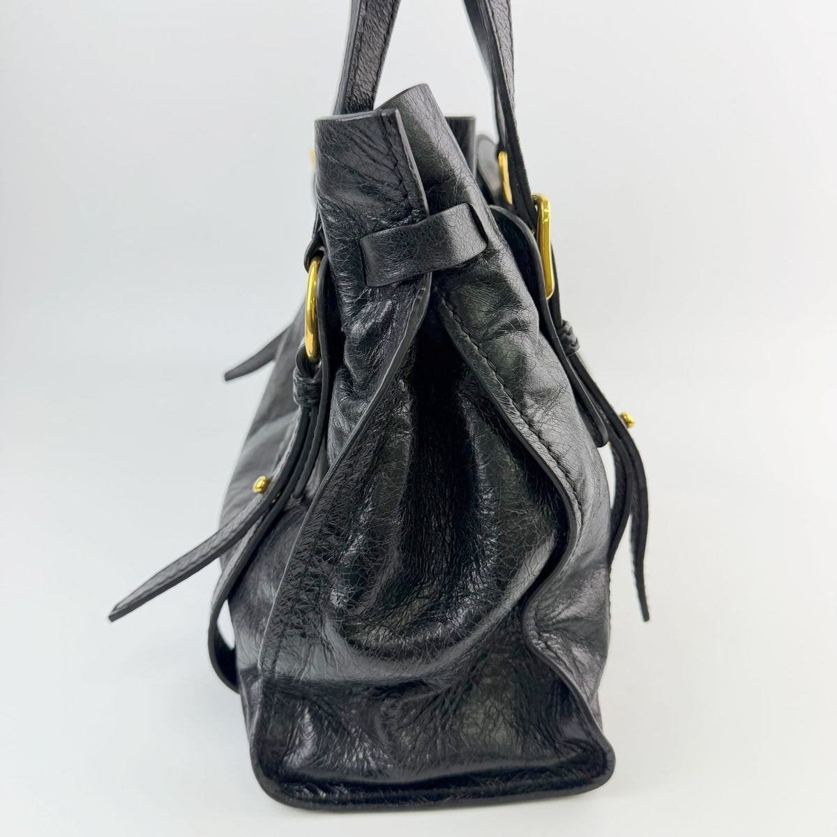 Miu Miu Side Ribbon Logo Belt Handle Shoulder Bag Leather Black Gold Vintage — view 5