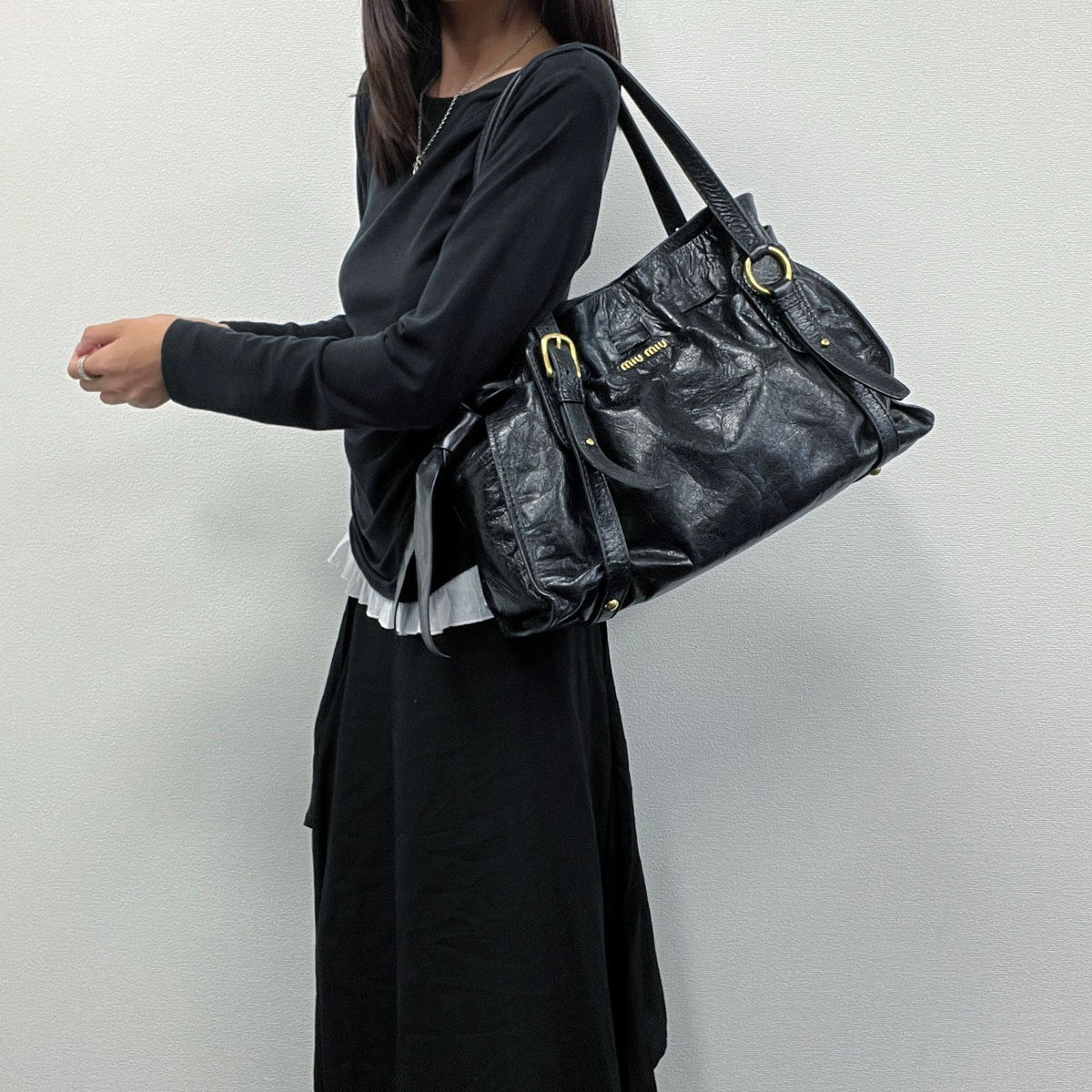 Miu Miu Side Ribbon Logo Belt Handle Shoulder Bag Leather Black Gold Vintage