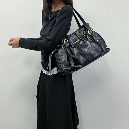 Miu Miu Side Ribbon Logo Belt Handle Shoulder Bag Leather Black Gold Vintage