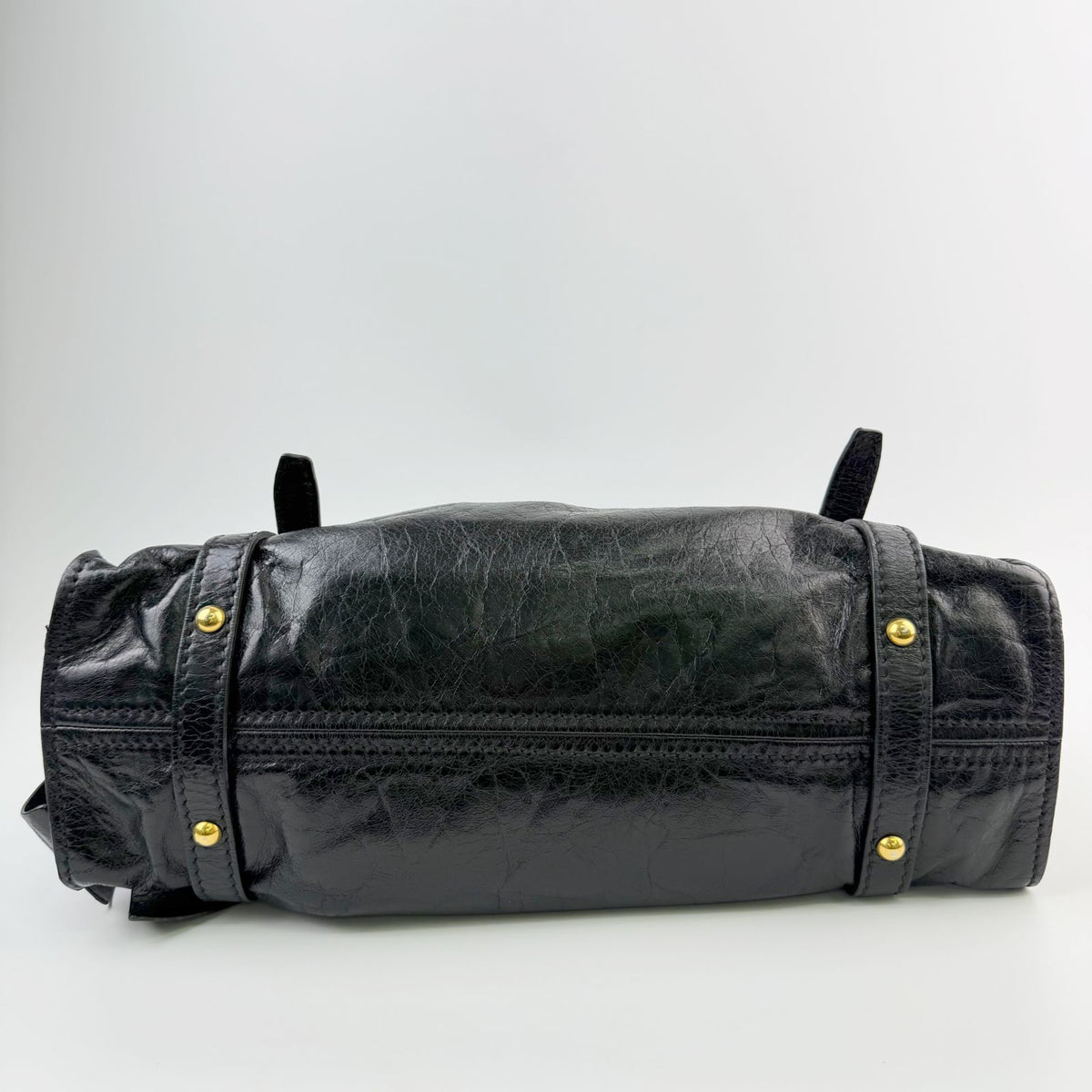 Miu Miu Side Ribbon Logo Belt Handle Shoulder Bag Leather Black Gold Vintage — view 7