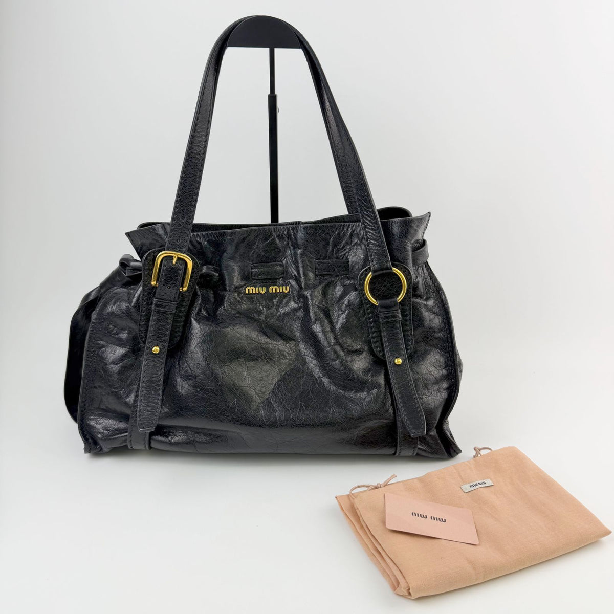 Miu Miu Side Ribbon Logo Belt Handle Shoulder Bag Leather Black Gold Vintage — view 2