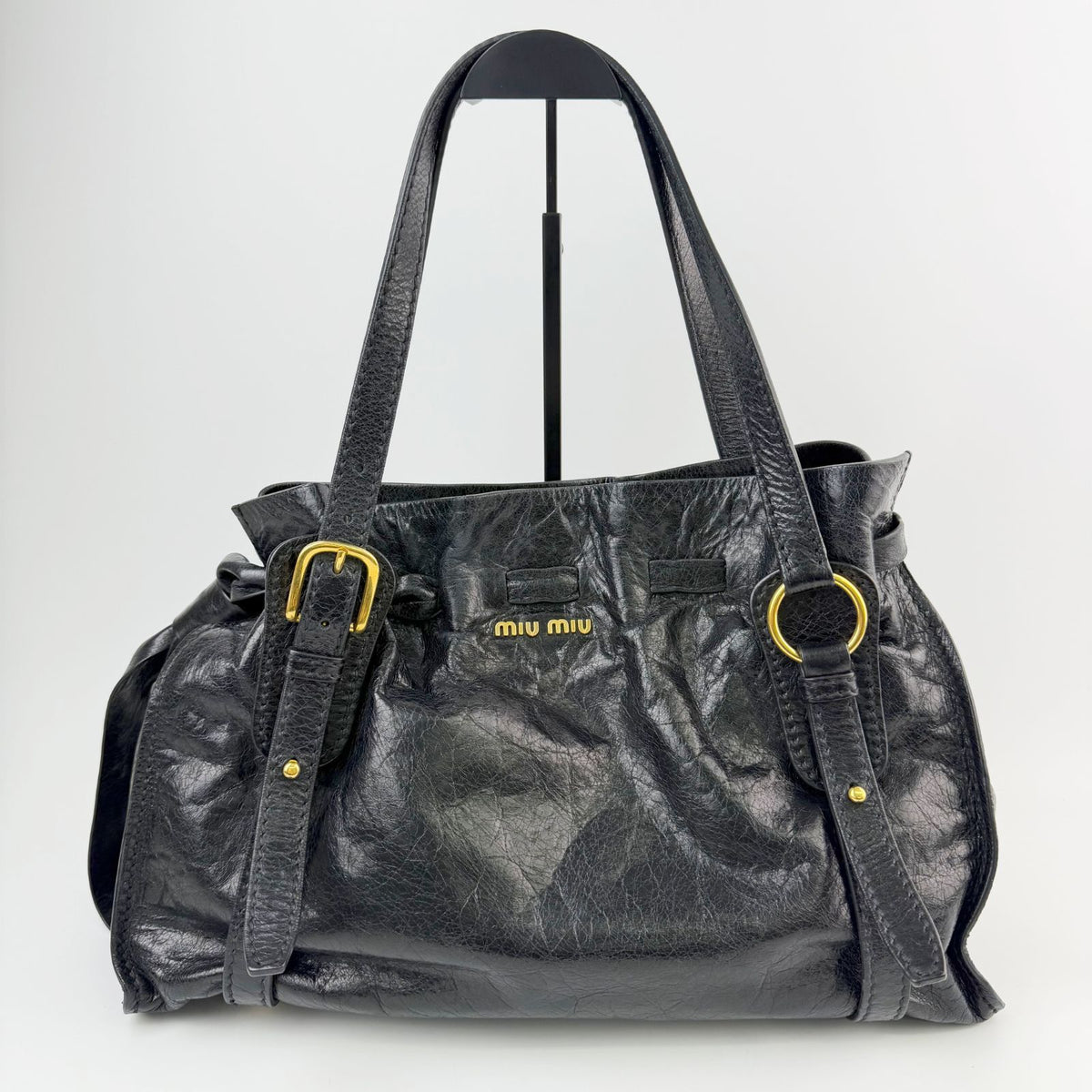 Miu Miu Side Ribbon Logo Belt Handle Shoulder Bag Leather Black Gold Vintage — view 3