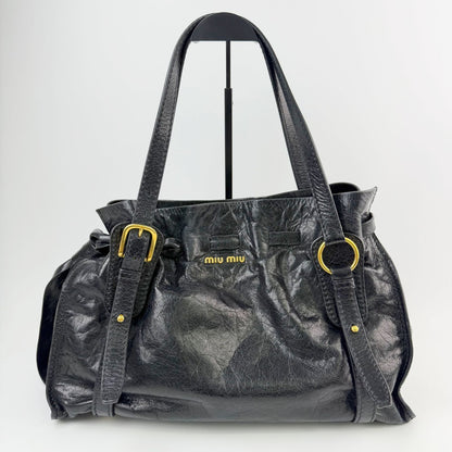Miu Miu Side Ribbon Logo Belt Handle Shoulder Bag Leather Black Gold Vintage — view 3