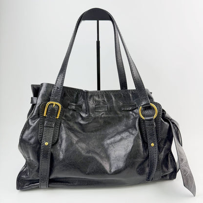 Miu Miu Side Ribbon Logo Belt Handle Shoulder Bag Leather Black Gold Vintage — view 4