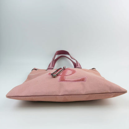 Saint Laurent YSL Logo Embroidery Drawstring Flat Tote Bag Canvas Pink Silver — view 8