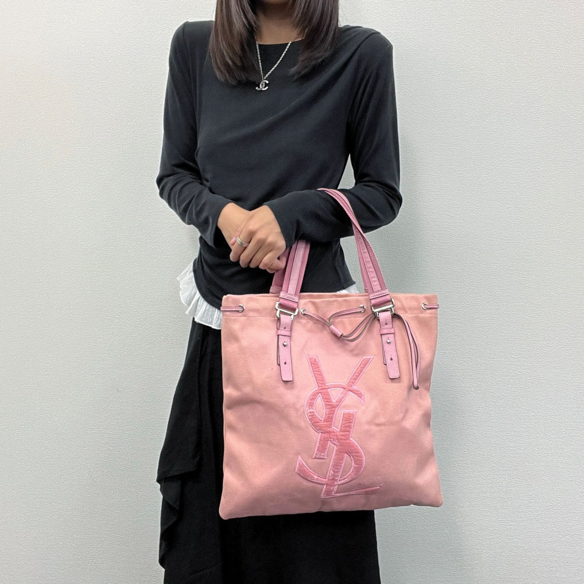 Saint Laurent YSL Logo Embroidery Drawstring Flat Tote Bag Canvas Pink Silver
