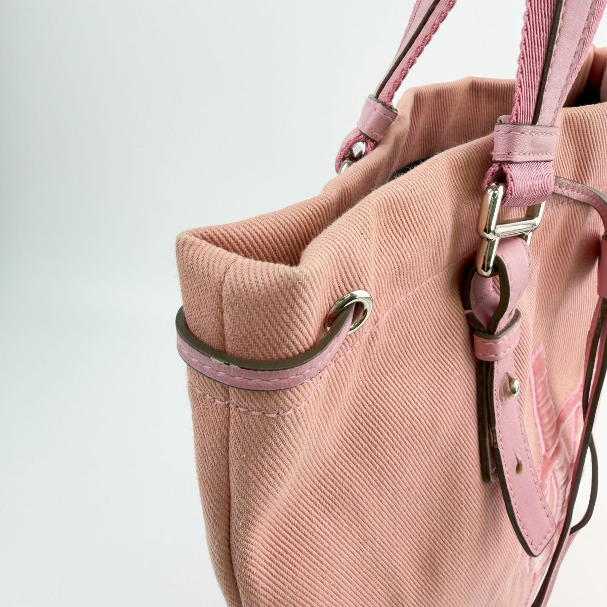 Saint Laurent YSL Logo Embroidery Drawstring Flat Tote Bag Canvas Pink Silver — view 5
