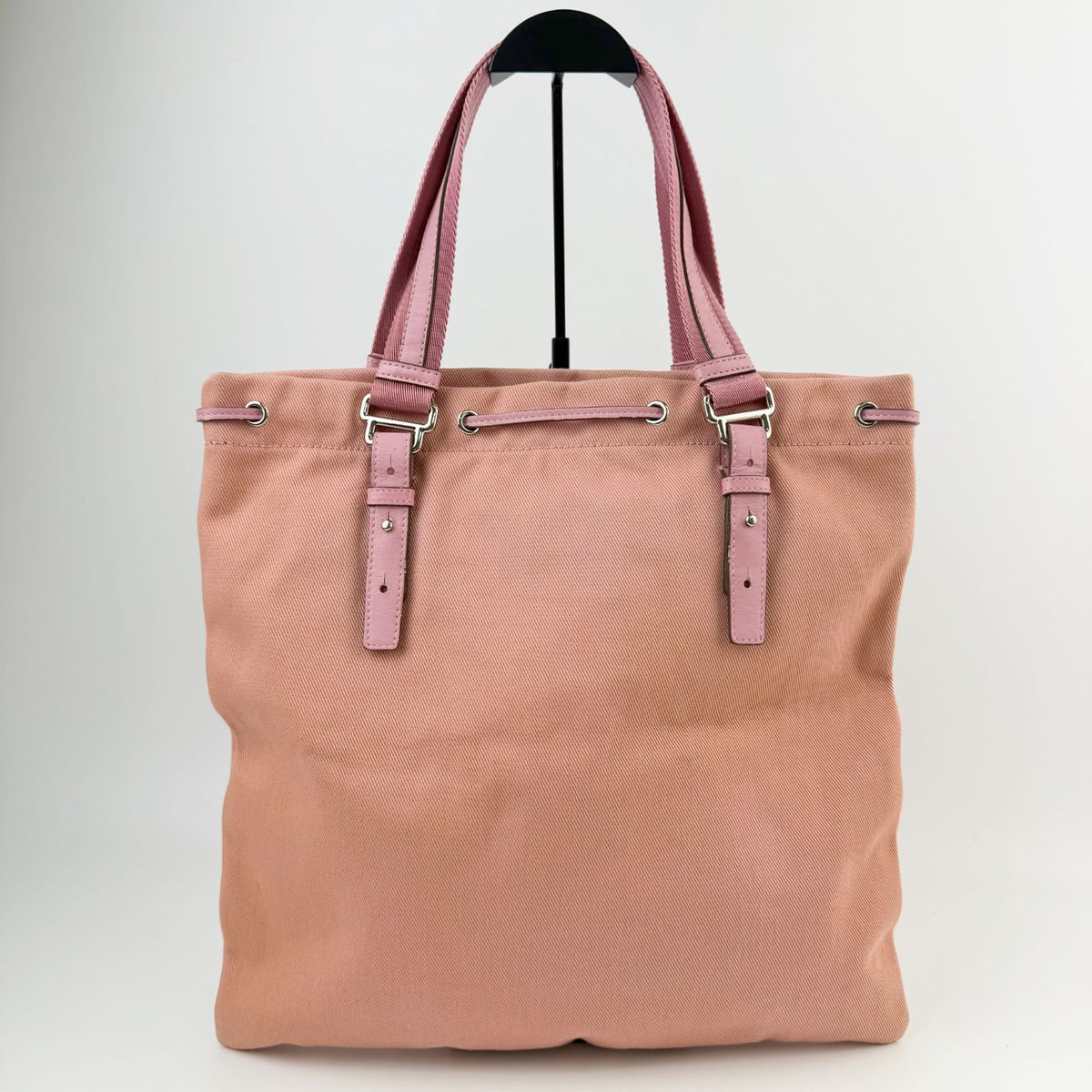 Saint Laurent YSL Logo Embroidery Drawstring Flat Tote Bag Canvas Pink Silver — view 3