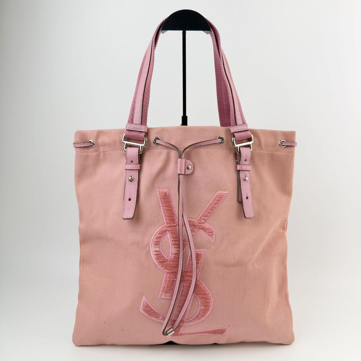 Saint Laurent YSL Logo Embroidery Drawstring Flat Tote Bag Canvas Pink Silver — view 2