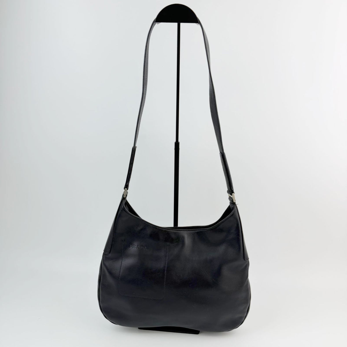 Prada Logo Embossed Hobo Shoulder Bag Leather Black Silver Vintage — view 2