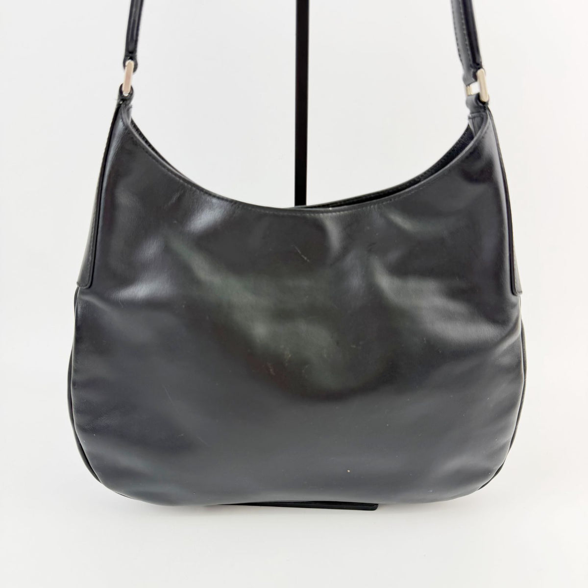 Prada Logo Embossed Hobo Shoulder Bag Leather Black Silver Vintage — view 3