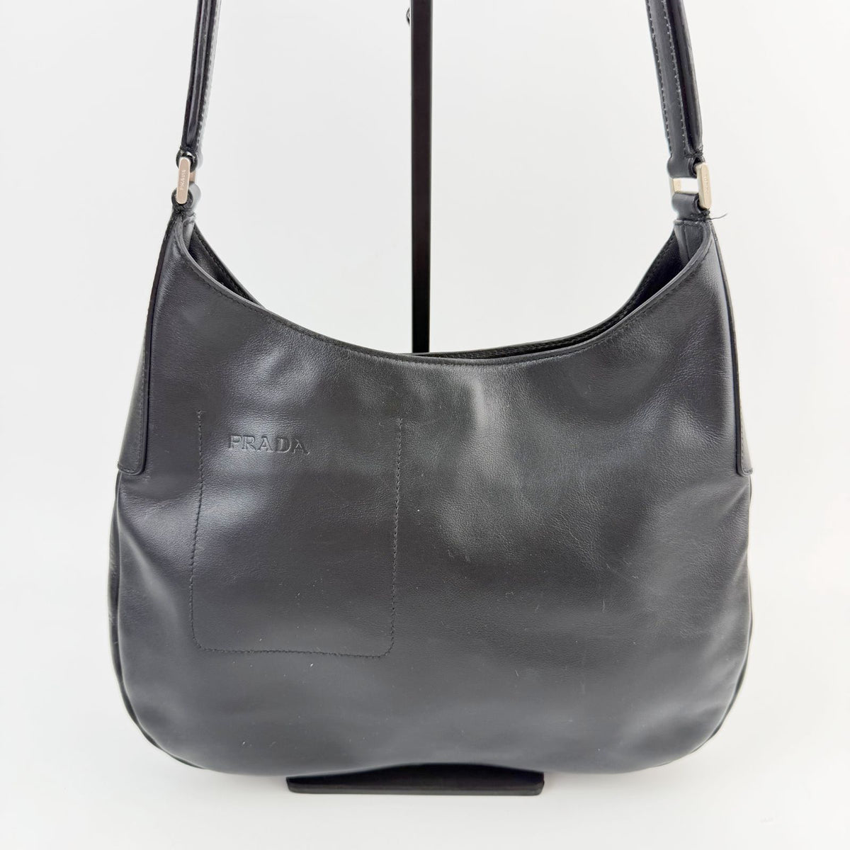 Prada Logo Embossed Hobo Shoulder Bag Leather Black Silver Vintage — view 4