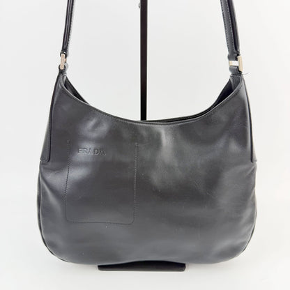 Prada Logo Embossed Hobo Shoulder Bag Leather Black Silver Vintage — view 4