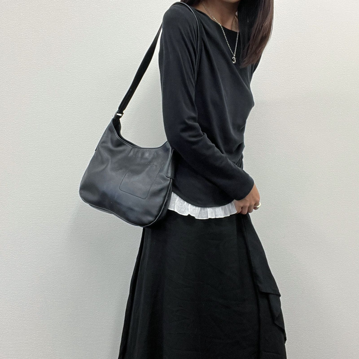 Prada Logo Embossed Hobo Shoulder Bag Leather Black Silver Vintage