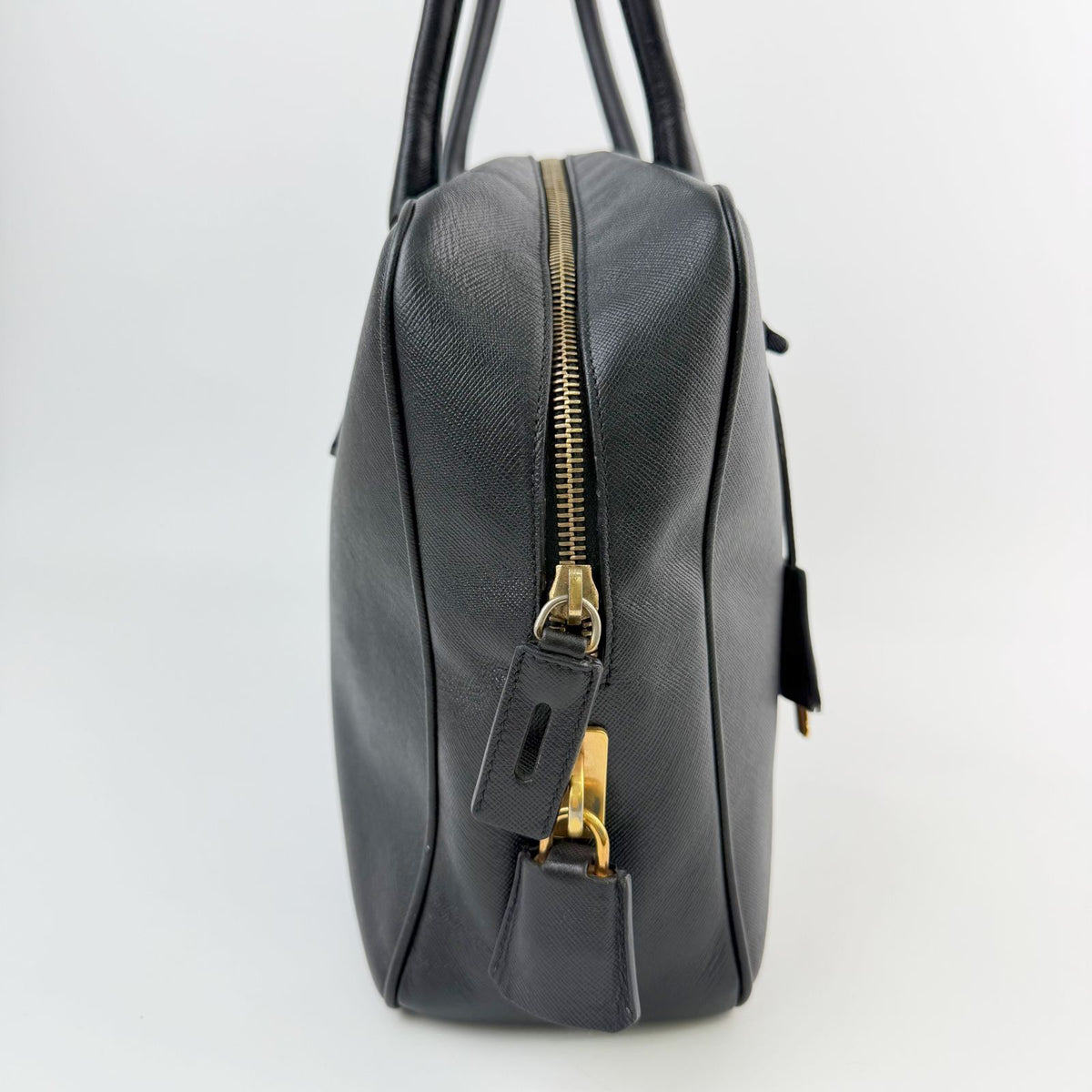 Prada Saffiano Triangle Logo Bowling Shoulder Bag Leather Black Gold Vintage — view 5