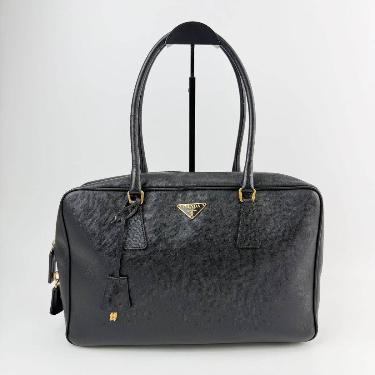 Prada Saffiano Triangle Logo Bowling Shoulder Bag Leather Black Gold Vintage — view 2