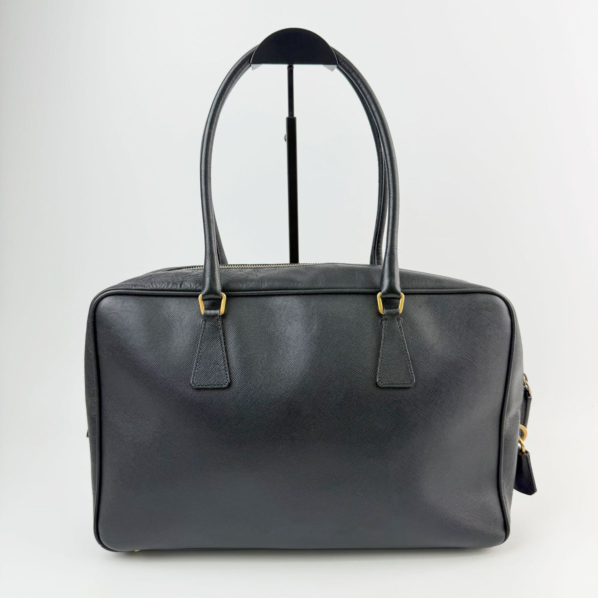 Prada Saffiano Triangle Logo Bowling Shoulder Bag Leather Black Gold Vintage — view 3