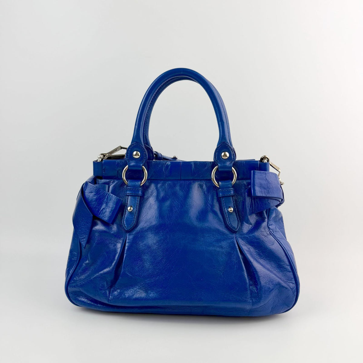 Miu Miu Logo Side Ribbon Gather 2-Way Shoulder Bag Leather Blue Vintage — view 4