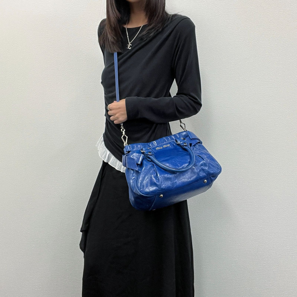 Miu Miu Logo Side Ribbon Gather 2-Way Shoulder Bag Leather Blue Vintage