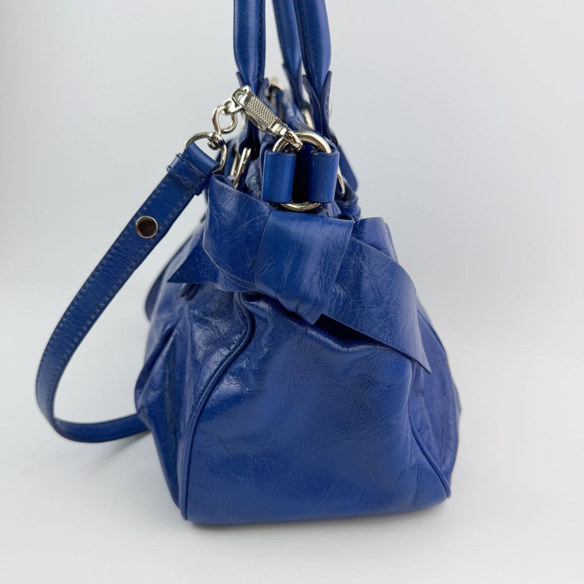 Miu Miu Logo Side Ribbon Gather 2-Way Shoulder Bag Leather Blue Vintage — view 6