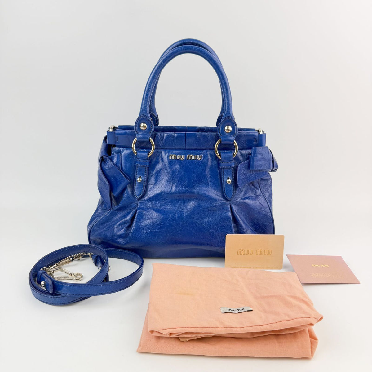 Miu Miu Logo Side Ribbon Gather 2-Way Shoulder Bag Leather Blue Vintage — view 2