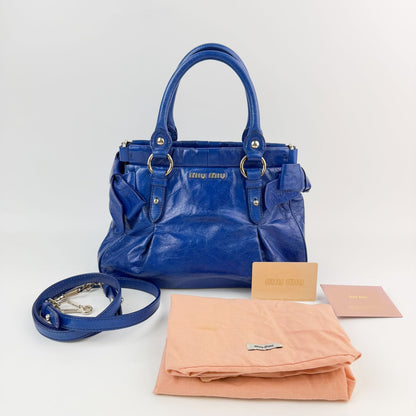 Miu Miu Logo Side Ribbon Gather 2-Way Shoulder Bag Leather Blue Vintage — view 2