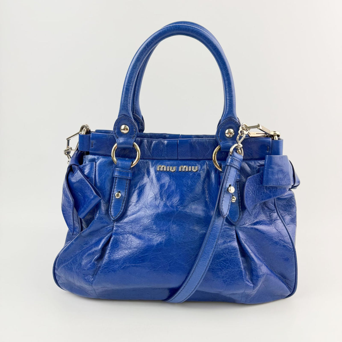 Miu Miu Logo Side Ribbon Gather 2-Way Shoulder Bag Leather Blue Vintage — view 3