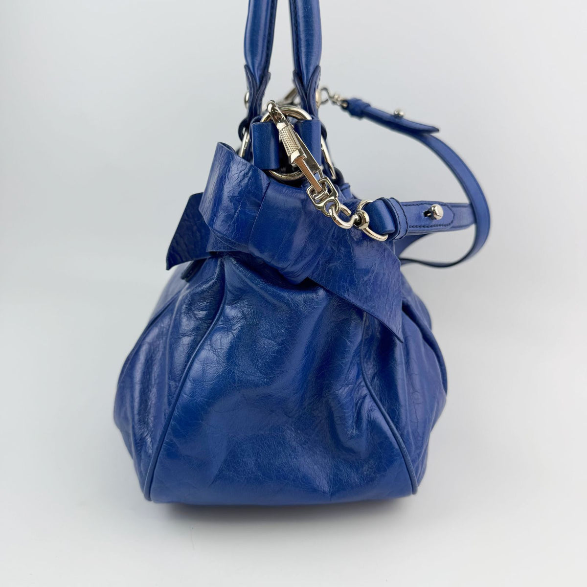 Miu Miu Logo Side Ribbon Gather 2-Way Shoulder Bag Leather Blue Vintage — view 5