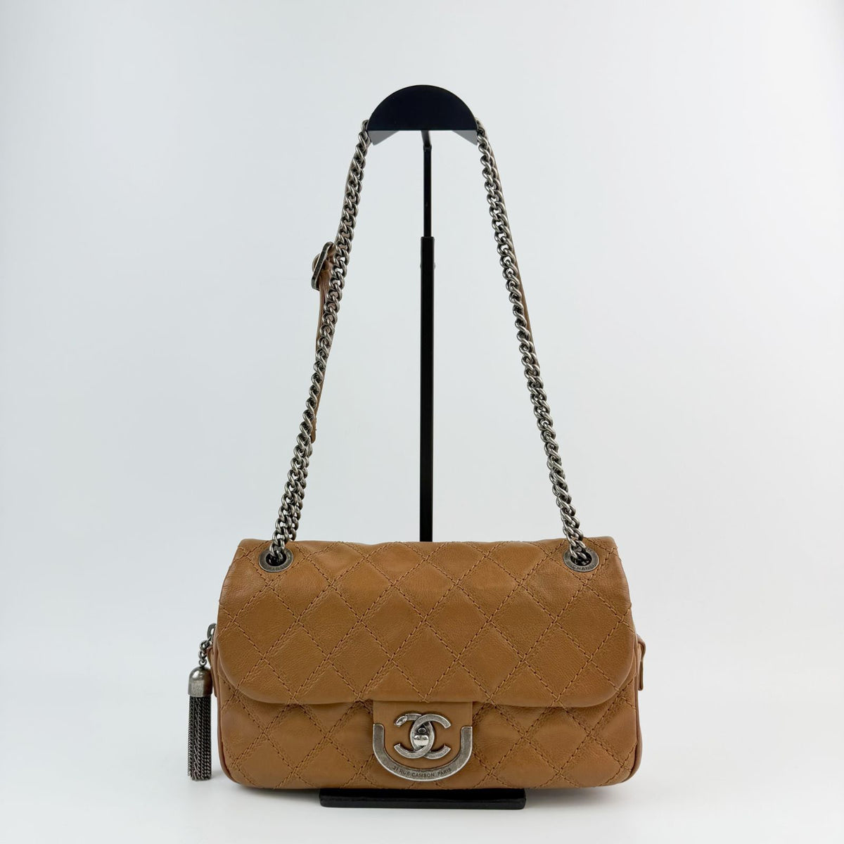 Chanel Quilted Wild Stitch CC Logo Tassel Chain Shoulder Bag Leather Camel — view 4